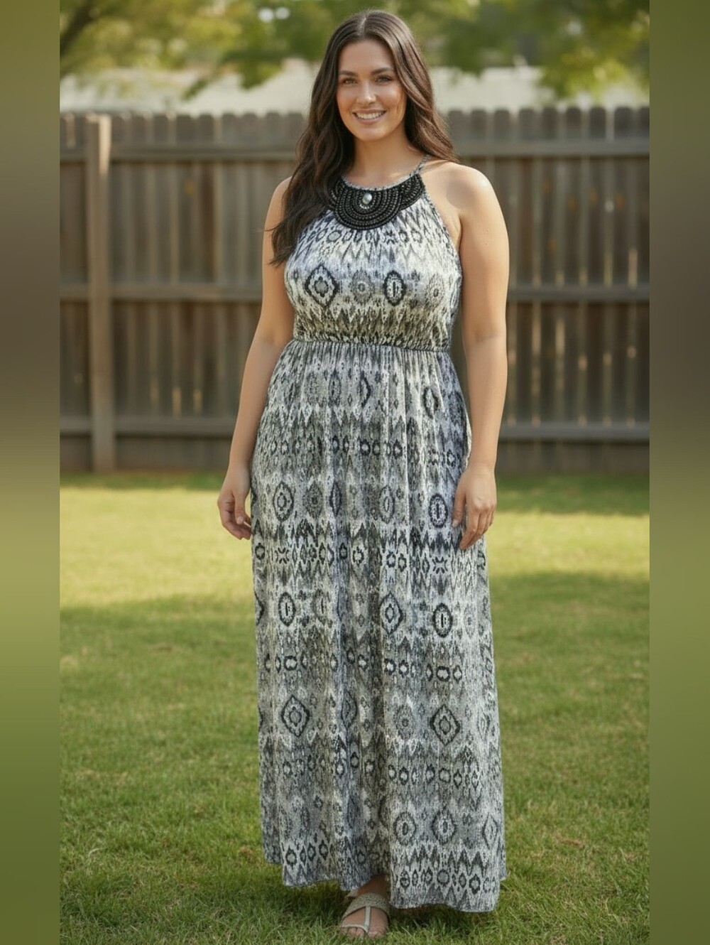 Lane Bryant Black and White Beaded Halter Maxi Dress